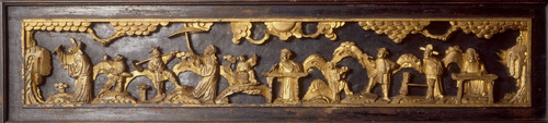 Altarpiece or Altar shrine - to hold religious figures for worship. Containes three wood statues of gods (A-18, A-19, A-20). Carved wood, gold leaf