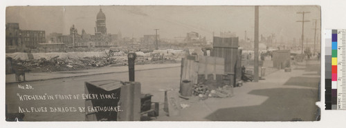 "Kitchens" in front of every home. All flues damaged by earthquake. [Street kitchens along unidentified street. City Hall in distance, left center; St. Ignatius Church and College, distance, left. No. 26.]