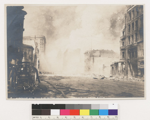 Market St. from Fifth. [Firefighters in distance at Flood Building, Powell and Market Sts. Fire engine in foreground. No. 5.]