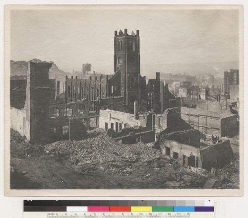 Old St. Mary's Cathedral, California & Dupont [i.e. Grant Ave.]. [Telegraph Hill in distance, left; tower of Hall of Justice, left center.]