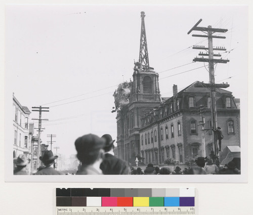 Ruins of St. Dominic's Church. [Crowd gathered to observe dynamiting of ruined towers.]