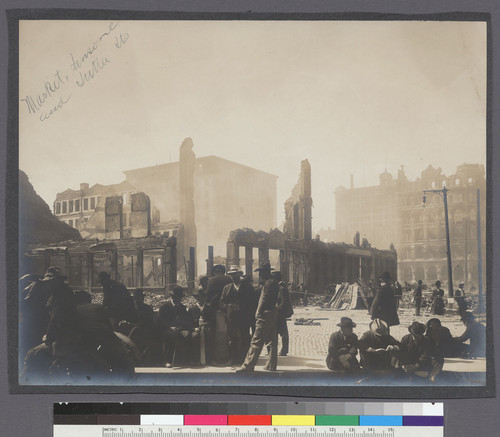 Market, Sansome and Sutter Sts. [Men sitting at sidewalk. Awaiting work?]