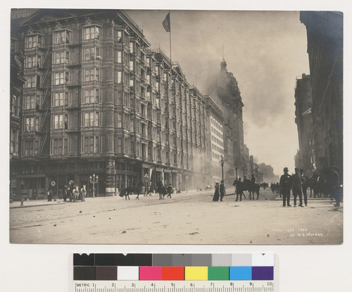 [Call Building on fire, from Market and Montgomery Streets. Palace Hotel, left.]