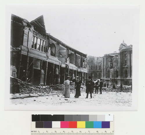 St. Ignatius at right? [Earthquake damage to dwellings before being burned. Ruins of City Hall, right. No. 88.]