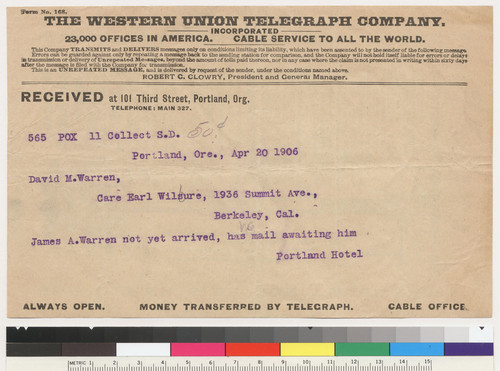 Telegram, April 20, 1906