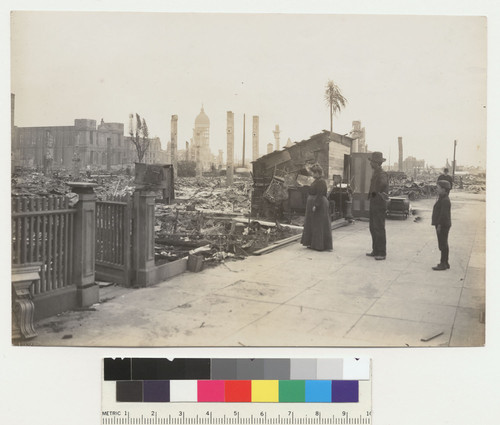 On Fell St. near Laguna. Ruins of City Hall (background). [Makeshift refugee shelter.]