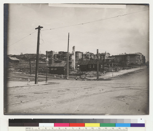 14th [Fourteenth] & Guerrero, N.W. [Temporary structures erected in ruined lot.] [Photo from collection of Jesse B. Cook.]