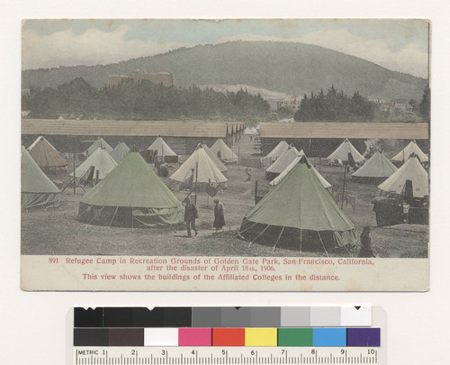 Refugee camp in Recreation Grounds of Golden Gate Park, San Francisco, California, after the disaster of April 18th, 1906. This view shows the buildings of the Affiliated Colleges in the distance. [Postcard. No. 891.]