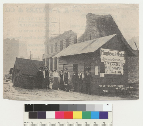 First business house on Market St. [Offices of Hughson & Merton; G.W. Emmons Co. Safe Moving and Draying. Clipping. No. 81.]