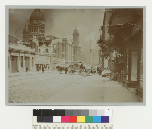 Hayes St. (showing St. Ignatius Church & City Hall). Fire of April 18, 1906. [Actually, Larking St. looking south.]