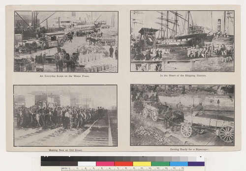 [Sheet of four uncut postcards depciting reconstruction scenes: An Everyday Scene on the Water Front; In the Heart of the Shipping District; Making New an Old Street; Getting Ready for a Skyscraper.]