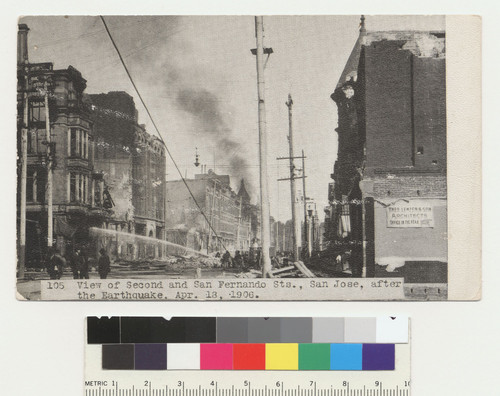 View of Second and San Fernando Sts., San Jose, after the Earthquake, Apr. 18, 1906. [No. 105. Postcard.]