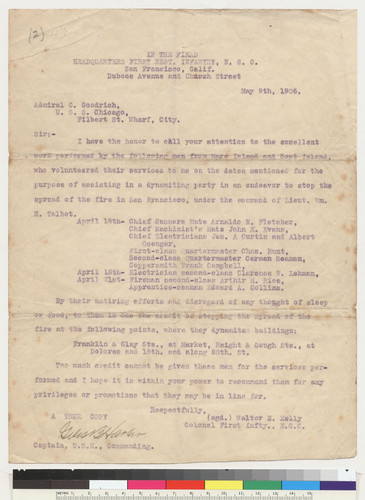 Colonel Walter N. Kelly letter to Admiral C. Goodrich