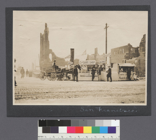 San Francisco. [Vendors at makeshift stalls. Along Market St.?]