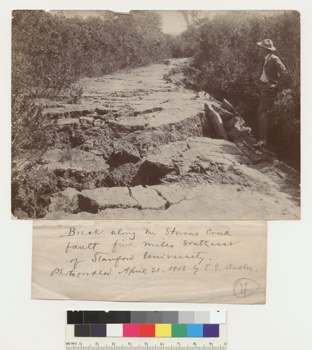 Break along the Stevens Creek fault five miles southwest of Stanford University. Photographed April 21, 1906 by E.G. Dudley. [verso caption: Alpine Road, near to Strawberry Bend. Stamped on verso: J.C. Branner, Stanford University, California.]