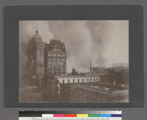 Call Building in flames. April 1906, San Francisco. [From Kearny St.]