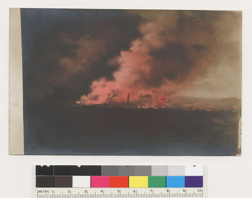 [Burning of San Francisco, as seen from San Francisco Bay. Ferry Building, center. Postcard.]