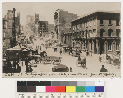 S.F. 30 days after fire. California St. west from Montgomery. [Nob Hill in distance, left. Postcard. No. J-239.]