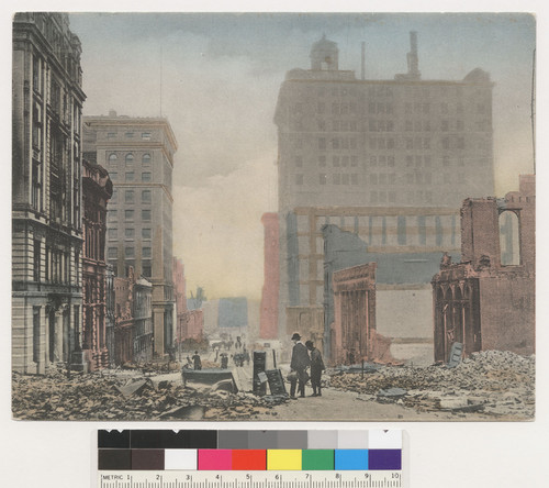 View down California St. from Kearney [i.e. Kearny] showing new Merchants' Exchange Building just completed, after the San Francisco fire of April 18-20, 1906. [No. 1127.]