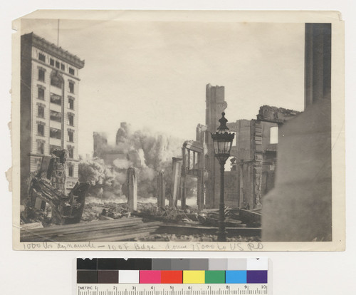 1000 lbs. Dynamite--I.0.0.F. Bdge. [i.e. Independent Order of Odd Fellows Building]. Around 75000 to. [?] U.S.P.O. [Caption partially illegible.] [verso:] Market St. at 7th [Seventh]