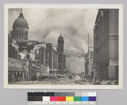 S.W. & N.W. cor., McAllister & Larkin, damaged by earth quake. Larkin St. (300 block). [City Hall, left. No. 13.]