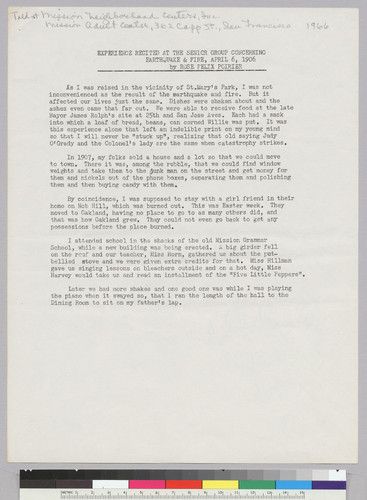 Experience recited at the senior group concerning earthquake & fire, April 6, 1906 : typed transcript, 1966