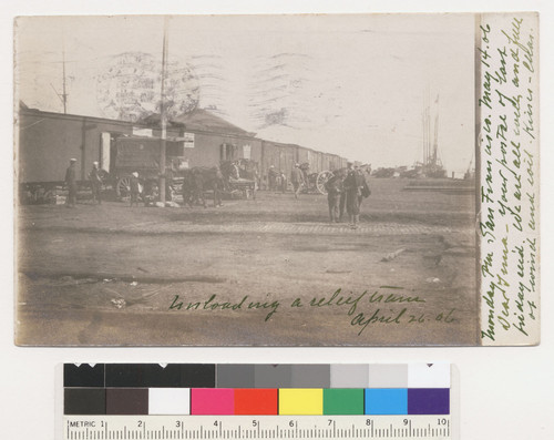 Unloading a relief train. April 26, 06. [margin:] Monday p.m., San Francisco. May 14, 06. Dear Tina [?]--your postal of last Friday rec'd. We are all well and free of wind and soil. Kisses--Chas. [From Ehrer material material. Postcard.]