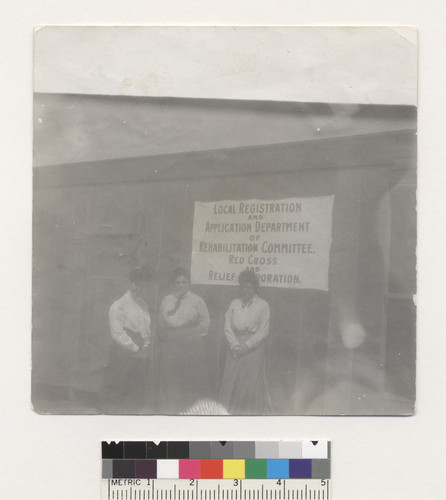 16th [i.e. Sixteenth] and Potrero. [Women outside of Red Cross facility. Sign reads: Local Registration and Application Department of Rehabilitation Committee, Red Cross and Relief Corporation.]