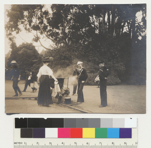 Presidio. [Soldiers and woman at hot water pot.]