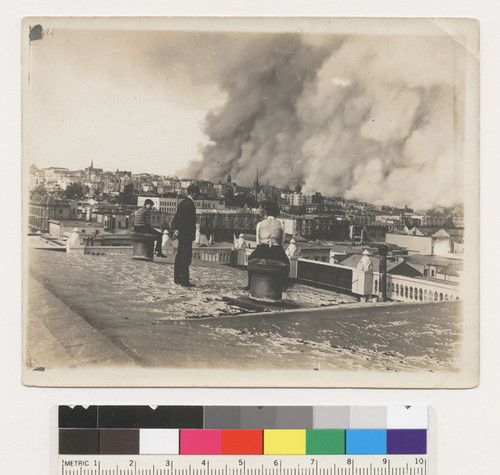 S.F. Fire--1906. [People watching fire from rooftops, unidentified location.]