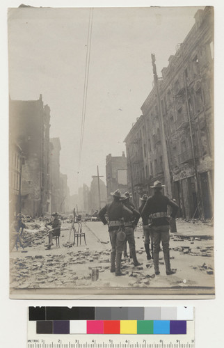 Looking west from Montgomery St. [Soldiers amid ruins.]