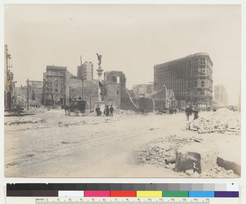 [Market St. at Mason. Fairmont Hotel atop Nob Hill in distance, left; Native Sons of the Golden West statue, center; Flood Building, right. No. 2.]