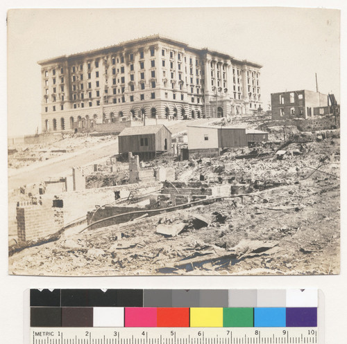 [Fairmont Hotel, Nob Hill. Mason St. between Sacramento and Clay Sts. With temporary structures in foreground.]