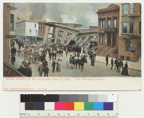 Houses wrecked by the earthquake, April 18, 1906. San Francisco, California. [Golden Gate Ave. near Larkin St. Postcard.]
