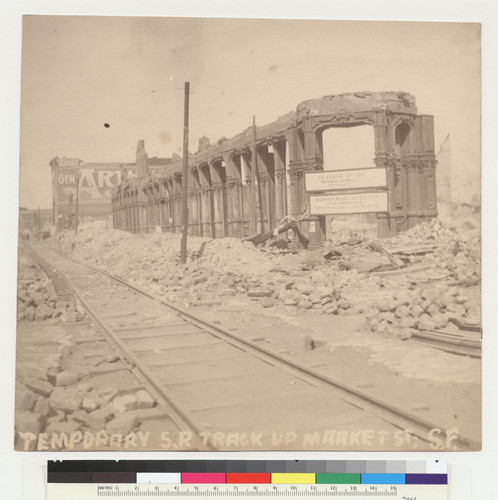 Temporary S.P. [i.e. Southern Pacific] track up Market St., S.F. [Market St. 221-239 block.]