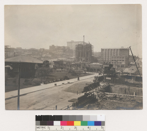 Looking towards the Fairmont from corner Union Park [i.e. Union Square]--part of temporary St. Francis at left. [Stockton St. from Geary to Post.]