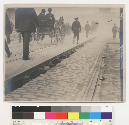 [Earthquake damage along Market St. Ferry Building, upper right.]