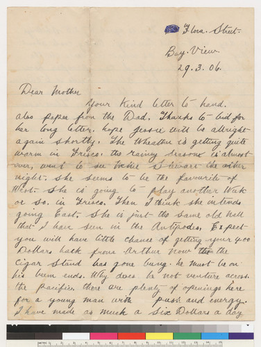 Percy Gregory to his Mother, March 29, 1906