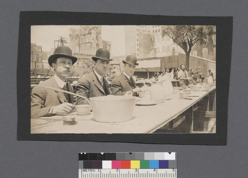 [Refugees at table. Mrs. W.H. Crocker Camp, Union Square.]