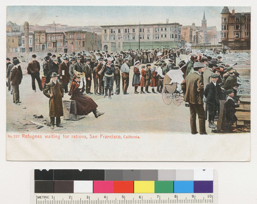 Refugees waiting for rations, San Francisco, California. [Postcard.]