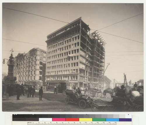 S.E. from Geary & Kearny St. Monadnock [center] & Palace Hotel Bldgs. after the fire. April, 1906