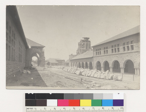 (Center) Ruins of Memorial Church tower. Stanford University, showing effects of earthquake of Apr. 18, 1906. [Postcard.]