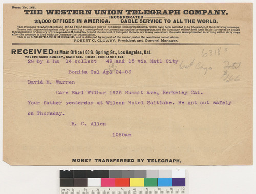 Telegram, April 24, 1906