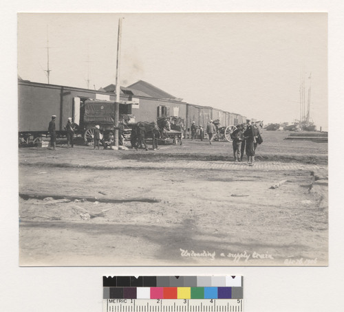 Unloading a supply train. Apr. 26, 1906