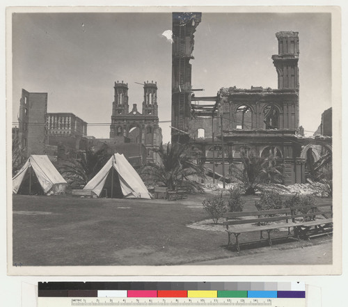 Old Union Pacific Club. Post St. [Showing tents in Union Square. Fairmont Hotel atop Nob Hill in distance, left; Temple Emanu-el, left center.]