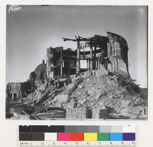 [Ruins near City Hall. Dome, Hall of Records at left.]