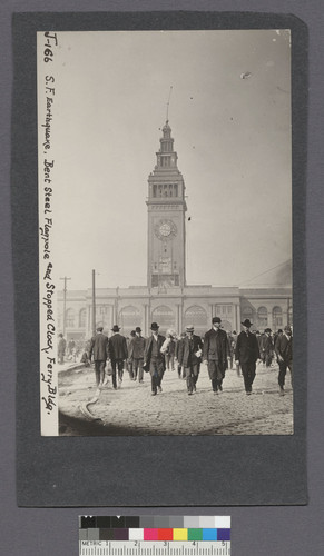 S.F. earthquake, bent steel flagpole and stopped clock, Ferry Bldg. [No. J-166.]