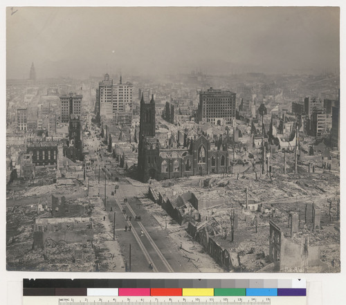 Calif. [i.e. California] St., Stockton to Powell. [View from top of Fairmont Hotel looking east toward Grace Church (center), Merchants' Exchange Building, and Ferry Building. No. 96.]