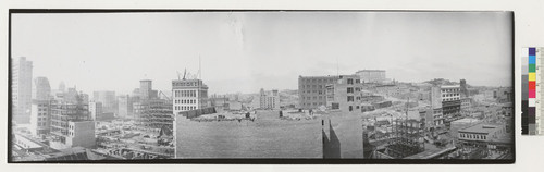 [Panoramic view of Financial District of San Francisco. Fairmont Hotel on Nob Hill, right center; Russian Hill, right distance.]