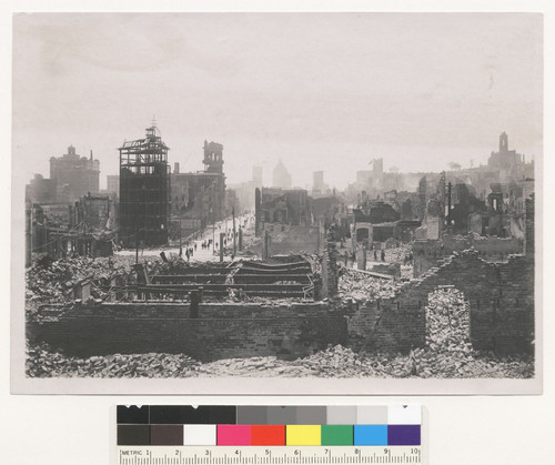 [View of ruins near Broadway & Kearny Sts. Hall of Justice, left center; Call Building, center; Grace Church, right.]